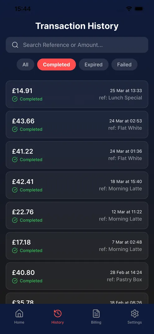 Completed payments in the PayTrueQR transaction history